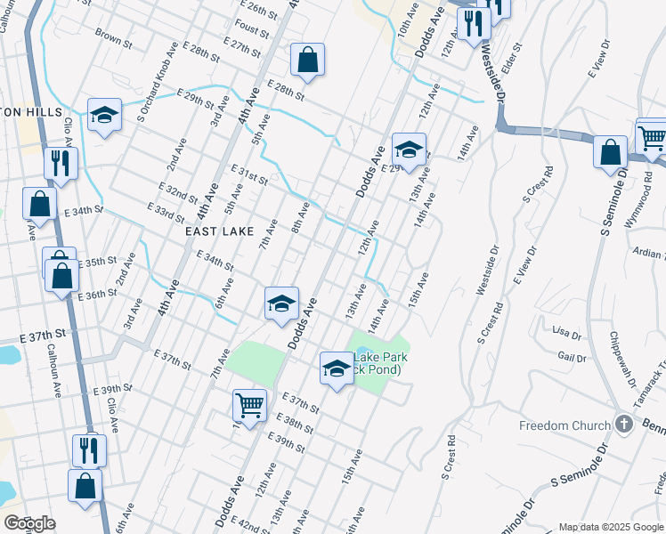map of restaurants, bars, coffee shops, grocery stores, and more near 3206 Dodds Avenue in Chattanooga
