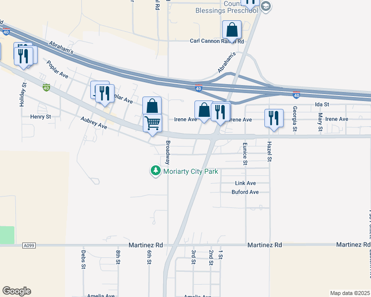 map of restaurants, bars, coffee shops, grocery stores, and more near 409 Roosevelt Avenue in Moriarty