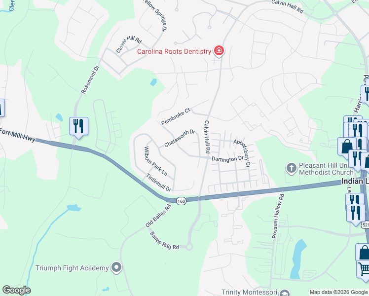 map of restaurants, bars, coffee shops, grocery stores, and more near 7032 Whittingham Drive in Indian Land