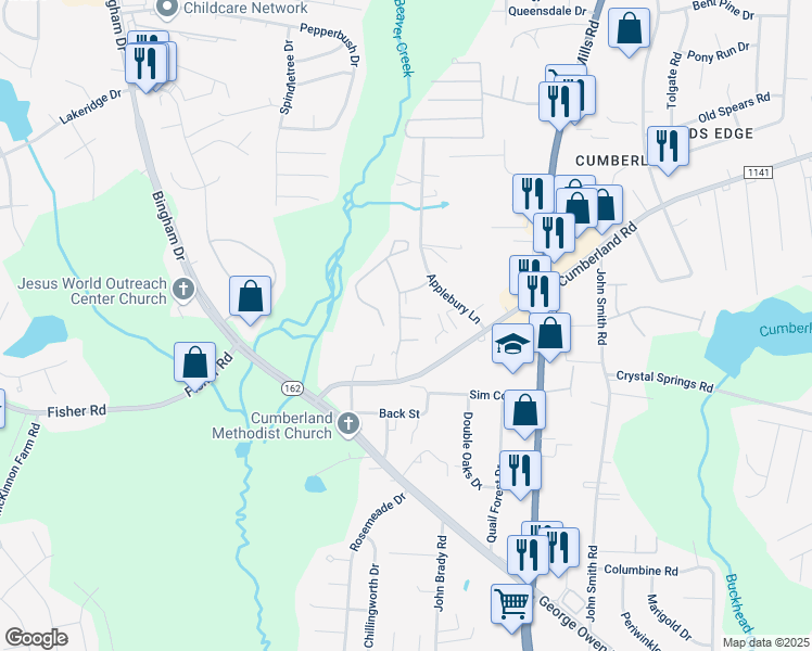 map of restaurants, bars, coffee shops, grocery stores, and more near 2557 Cumberland Creek Drive in Fayetteville