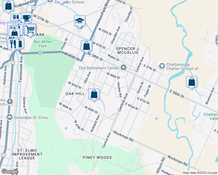 map of restaurants, bars, coffee shops, grocery stores, and more near 4105 Kirkland Avenue in Chattanooga