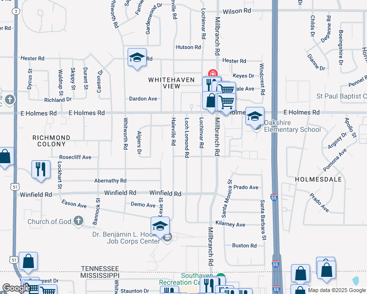 map of restaurants, bars, coffee shops, grocery stores, and more near 5291 Loch Lomond Road in Memphis