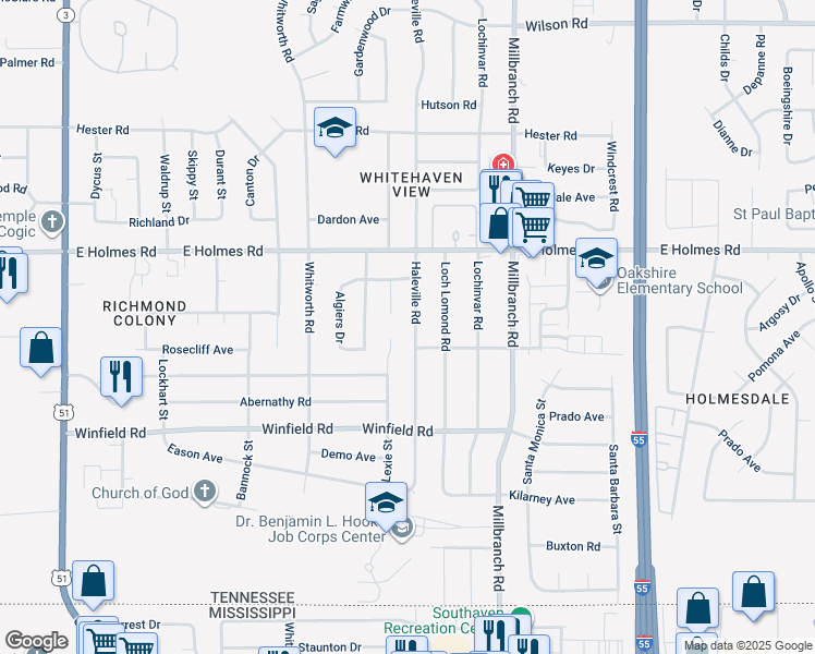 map of restaurants, bars, coffee shops, grocery stores, and more near 5293 Haleville Rd in Memphis