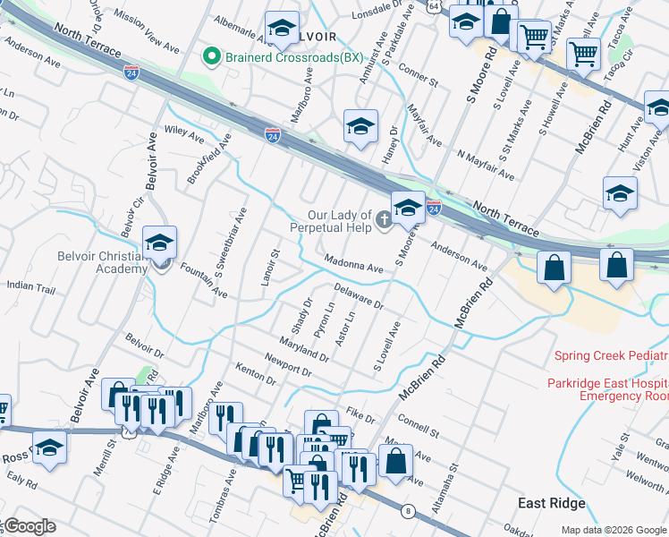 map of restaurants, bars, coffee shops, grocery stores, and more near 4802 Madonna Avenue in Chattanooga