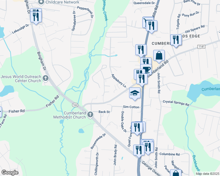 map of restaurants, bars, coffee shops, grocery stores, and more near 2557 Cumberland Creek Drive in Fayetteville
