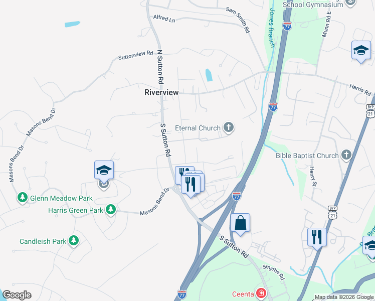 map of restaurants, bars, coffee shops, grocery stores, and more near 225 1st Street South in Fort Mill