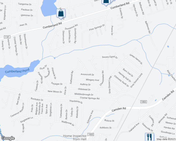 map of restaurants, bars, coffee shops, grocery stores, and more near 2261 Stornoway Court in Fayetteville