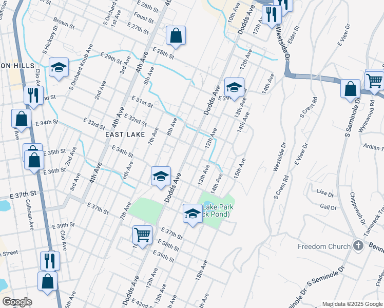 map of restaurants, bars, coffee shops, grocery stores, and more near 3206 Dodds Avenue in Chattanooga