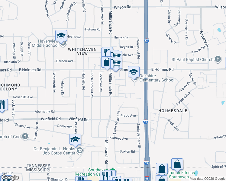 map of restaurants, bars, coffee shops, grocery stores, and more near 5290 Millbranch Road in Memphis