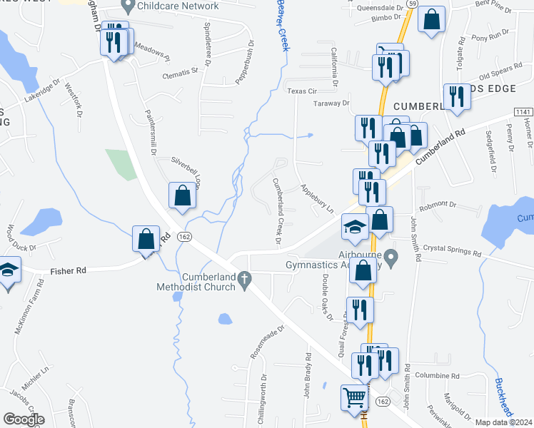 map of restaurants, bars, coffee shops, grocery stores, and more near 2366 Cumberland Gap Drive in Fayetteville