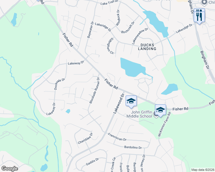 map of restaurants, bars, coffee shops, grocery stores, and more near 5911 Fisher Road in Fayetteville