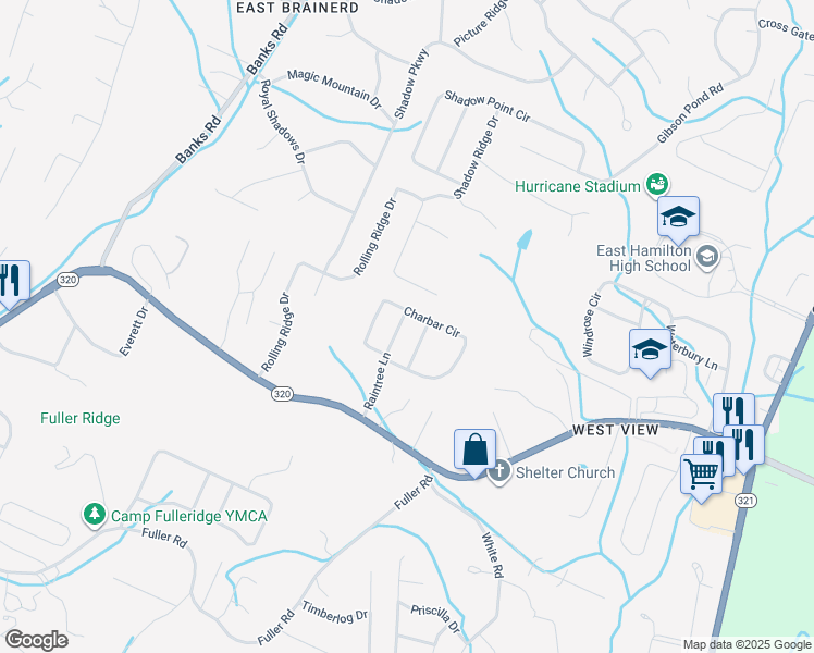 map of restaurants, bars, coffee shops, grocery stores, and more near 222 Raintree Ln in Chattanooga