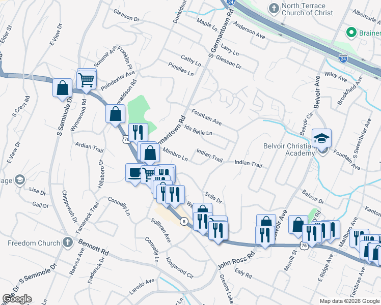 map of restaurants, bars, coffee shops, grocery stores, and more near 3611 Indian Trail in East Ridge
