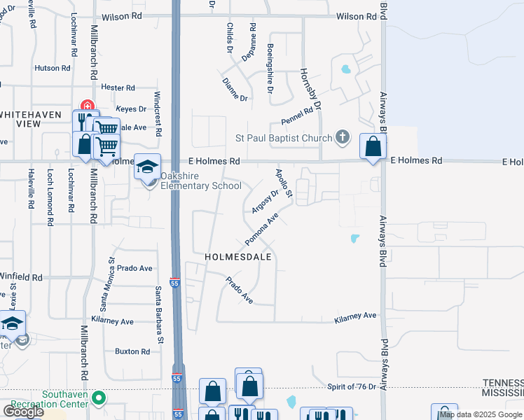 map of restaurants, bars, coffee shops, grocery stores, and more near 1989 Argosy Drive in Memphis