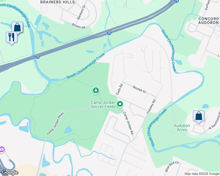 map of restaurants, bars, coffee shops, grocery stores, and more near 6740 Jordan Run Rd in Chattanooga