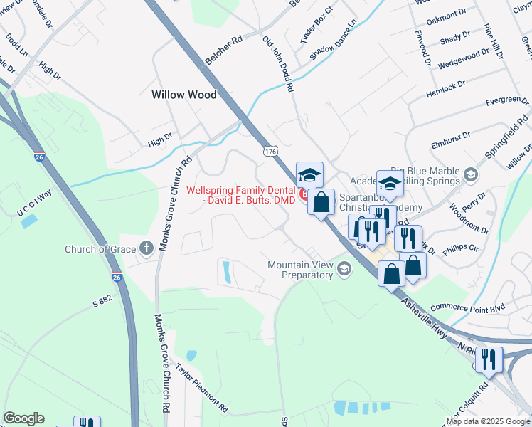 map of restaurants, bars, coffee shops, grocery stores, and more near 8 Willow Run Terrace in Spartanburg