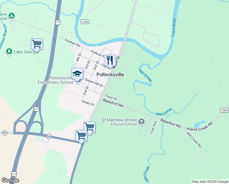 map of restaurants, bars, coffee shops, grocery stores, and more near 317 Hudson Street in Pollocksville