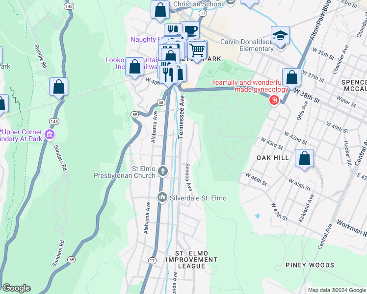map of restaurants, bars, coffee shops, grocery stores, and more near 4208 Tennessee Avenue in Chattanooga