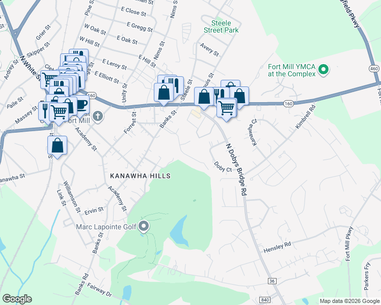 map of restaurants, bars, coffee shops, grocery stores, and more near 117 Lazenby Drive in Fort Mill