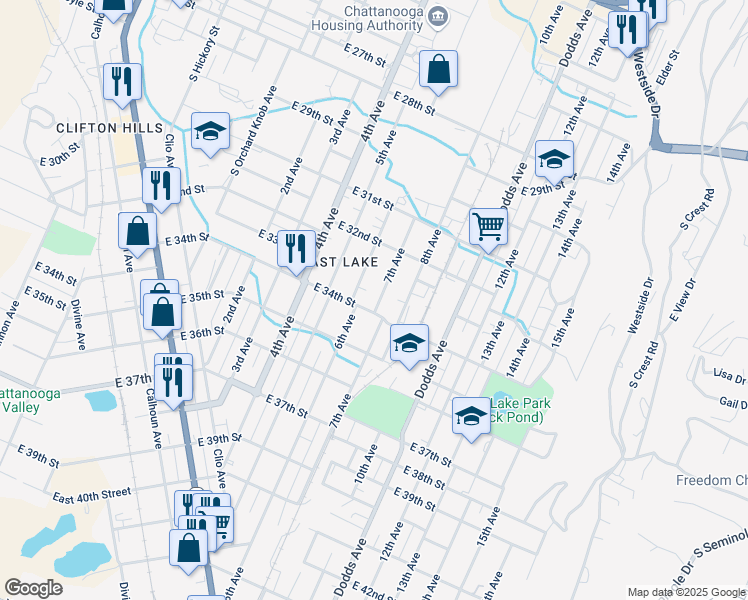 map of restaurants, bars, coffee shops, grocery stores, and more near 3225 7th Avenue in Chattanooga