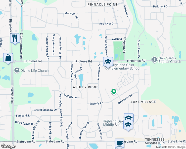 map of restaurants, bars, coffee shops, grocery stores, and more near 5294 Bradley Ridge Lane in Memphis