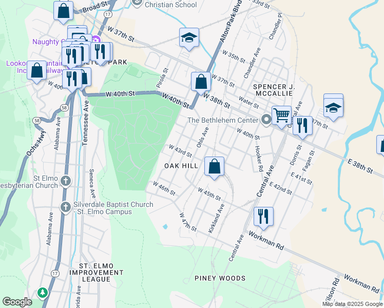 map of restaurants, bars, coffee shops, grocery stores, and more near 4221 Ohls Ave in Chattanooga