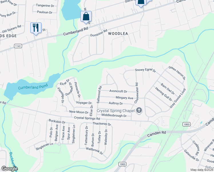 map of restaurants, bars, coffee shops, grocery stores, and more near 2321 Saltwood Road in Fayetteville