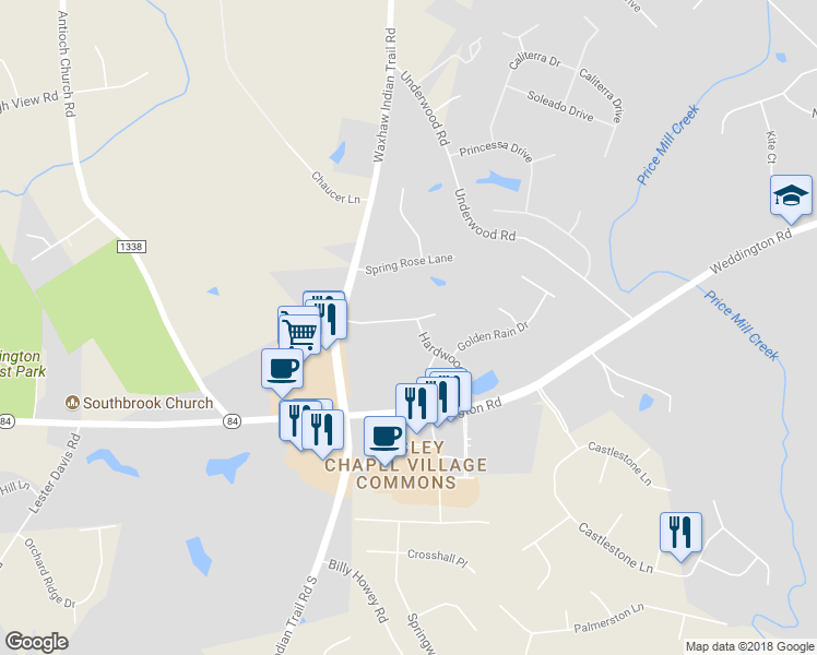 map of restaurants, bars, coffee shops, grocery stores, and more near 1233 Hardwood Drive in Matthews
