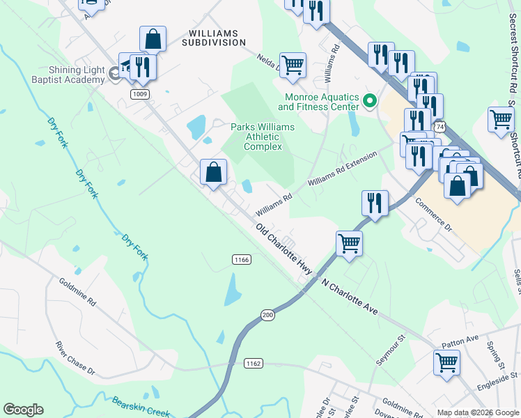 map of restaurants, bars, coffee shops, grocery stores, and more near 1611 Williams Road in Monroe