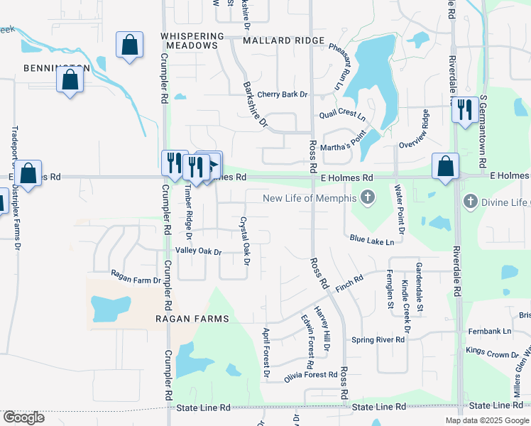 map of restaurants, bars, coffee shops, grocery stores, and more near 6620 East Crystal Oak Cove in Memphis