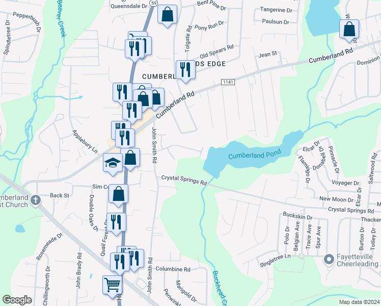 map of restaurants, bars, coffee shops, grocery stores, and more near 5535 Robmont Drive in Fayetteville