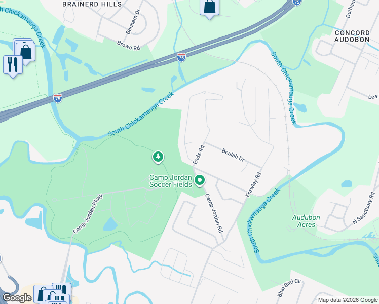 map of restaurants, bars, coffee shops, grocery stores, and more near 211 Eads Road in East Ridge