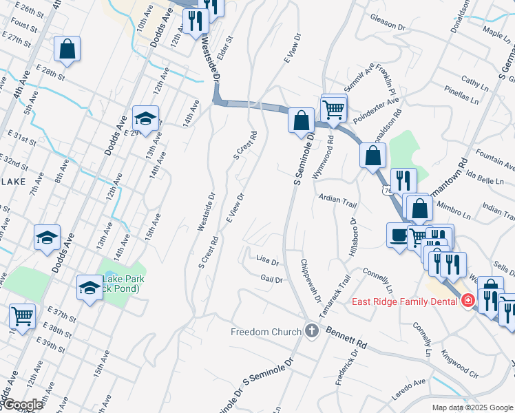 map of restaurants, bars, coffee shops, grocery stores, and more near 1049 South Seminole Drive in Chattanooga