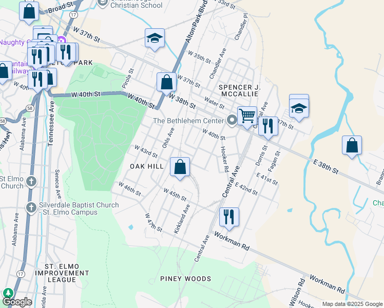 map of restaurants, bars, coffee shops, grocery stores, and more near 4107 Highland Avenue in Chattanooga