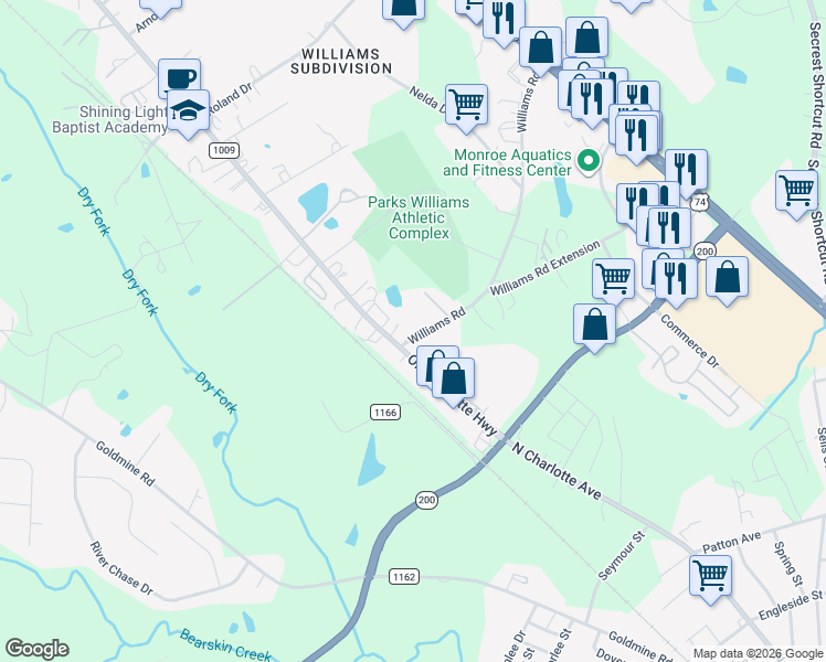 map of restaurants, bars, coffee shops, grocery stores, and more near 1611 Williams Road in Monroe