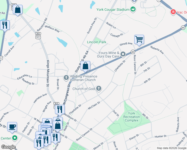 map of restaurants, bars, coffee shops, grocery stores, and more near 110 York Park in York