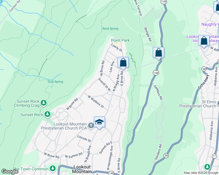 map of restaurants, bars, coffee shops, grocery stores, and more near 109 Averill Street West in Lookout Mountain