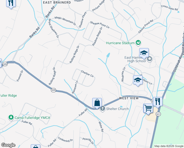 map of restaurants, bars, coffee shops, grocery stores, and more near 9316 Charbar Circle in Chattanooga