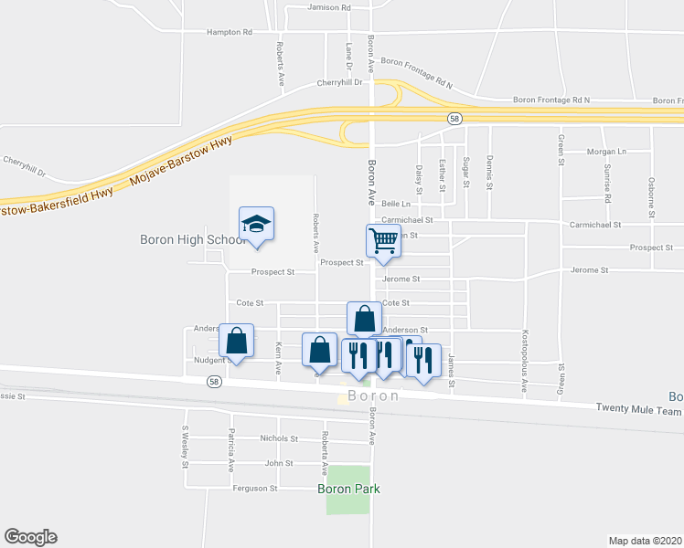 map of restaurants, bars, coffee shops, grocery stores, and more near 26938 Prospect Street in Boron