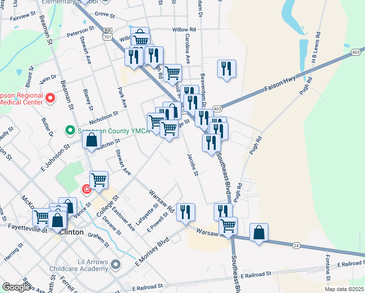 map of restaurants, bars, coffee shops, grocery stores, and more near 114 Jacobs Street in Clinton