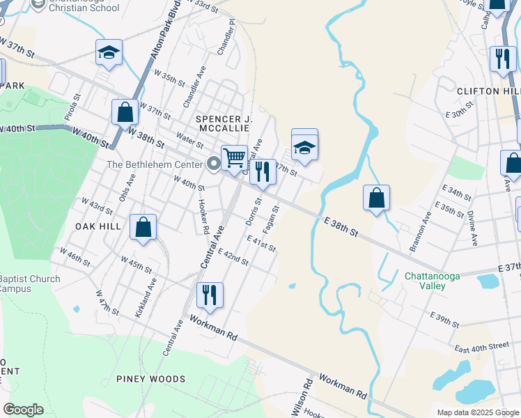 map of restaurants, bars, coffee shops, grocery stores, and more near 3816 Dorris Street in Chattanooga
