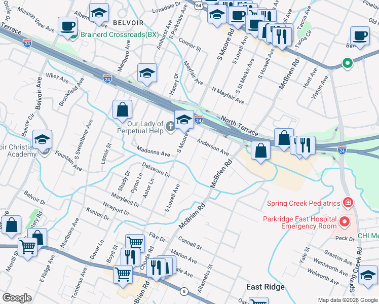 map of restaurants, bars, coffee shops, grocery stores, and more near 506 South Lovell Avenue in Chattanooga