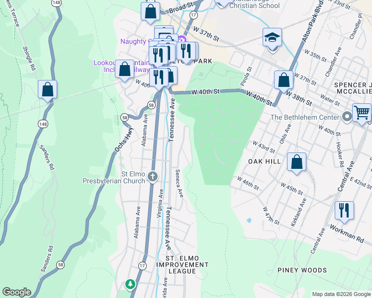 map of restaurants, bars, coffee shops, grocery stores, and more near 4212 Westridge Avenue in Chattanooga