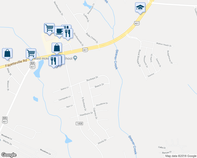 map of restaurants, bars, coffee shops, grocery stores, and more near 314 Buckeye Drive in Raeford
