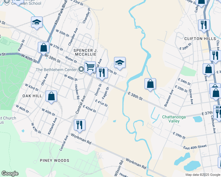 map of restaurants, bars, coffee shops, grocery stores, and more near 200 East 38th Street in Chattanooga