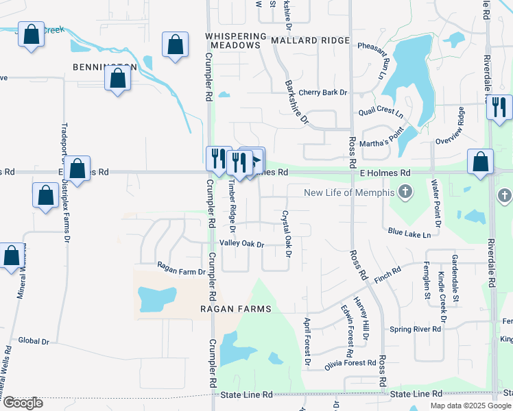 map of restaurants, bars, coffee shops, grocery stores, and more near 5287 Shady Ridge Drive in Memphis