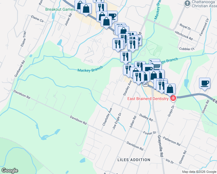 map of restaurants, bars, coffee shops, grocery stores, and more near 7781 Alderberry Drive in Chattanooga