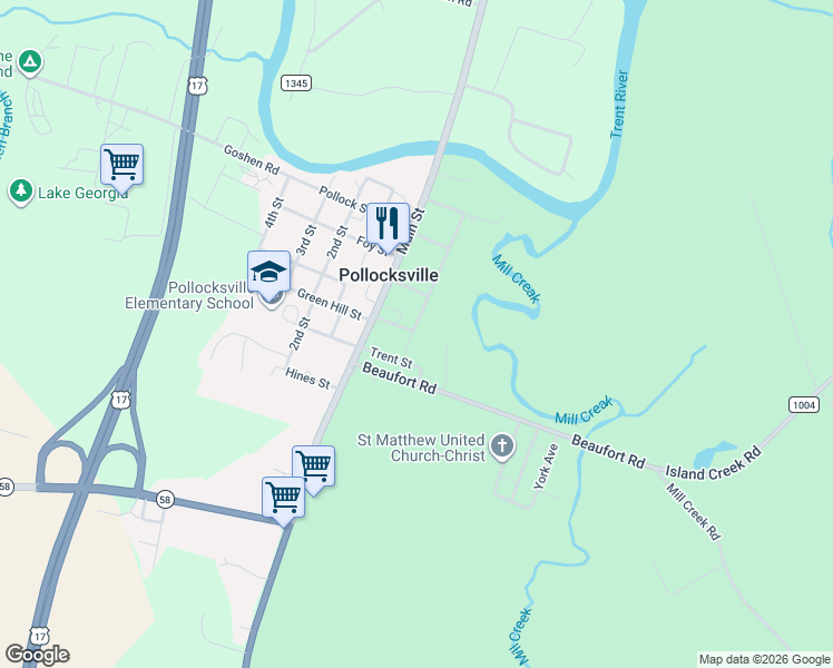 map of restaurants, bars, coffee shops, grocery stores, and more near 317 Hudson Street in Pollocksville