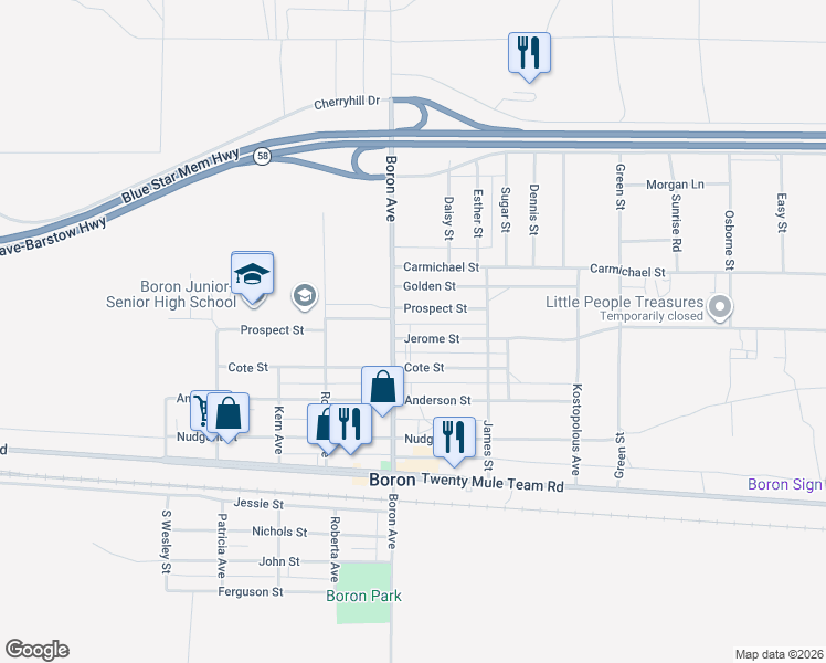 map of restaurants, bars, coffee shops, grocery stores, and more near 12366 Boron Avenue in Boron