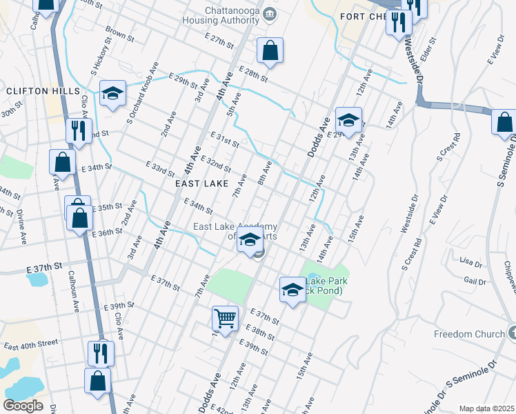 map of restaurants, bars, coffee shops, grocery stores, and more near 3250 8th Avenue in Chattanooga